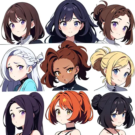 9 girls, white background,  different characters, multiple views, (Close up heads, portrait, mugshot), bra, bare shoulders, bikini, different hair colors, different hair styles, 
twin-tail hair style, 
pony-tail hair, wavy 
long hair, 
braid, 
parted bangs...