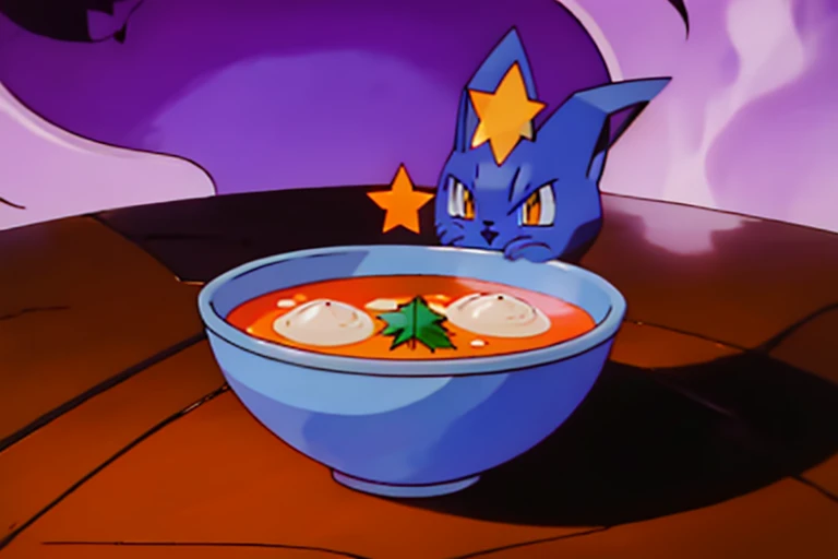 Psychic type Longhair orange cat, wearing a pointy purple wizard hat with stars on it, sitting behind an empty bowl of soup drawn in the style of a Pokémon card. The background looks like a Japanese dinning room.