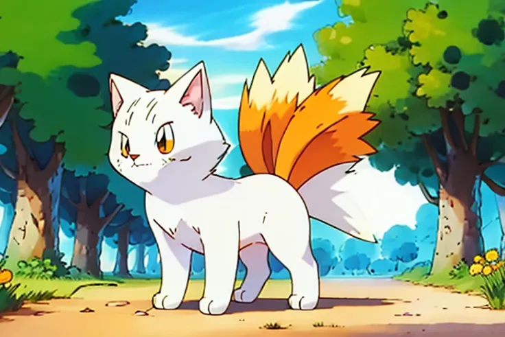 A very fluffy white cat with orangs ears and stripped orange tail. drawn like and electric type Pokémon. The background is a forest path.