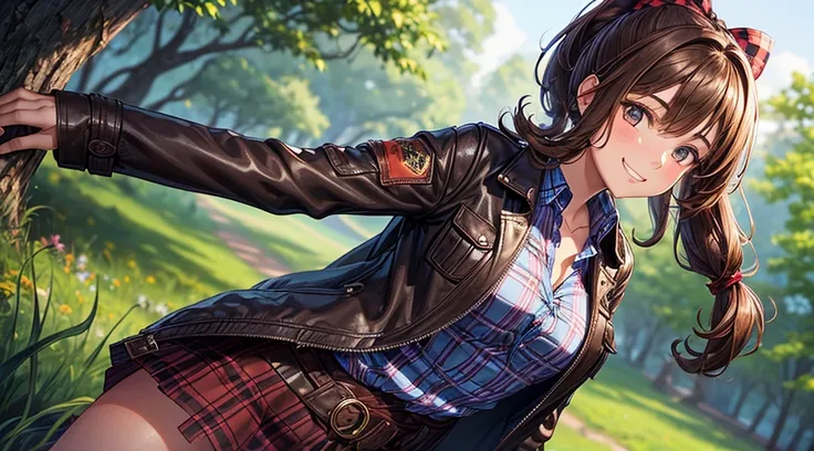 1girl, solo, village, trees, brown hair, long hair, curly hair, ponytail, large breasts, button down shirt, ((blue checked shirt)), ((unbuttoned shirt)), brown eyes, ((opened brown zipper jacket)), leather jacket, red and black skirt, grin, looking at the ...