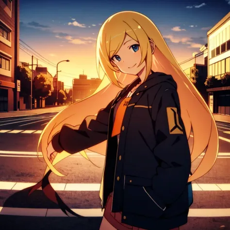 best quality, masterpiece, solo, (1girl),long blonde hair,tomboy ,crosswalk,sunset, looking at viewer, smiling