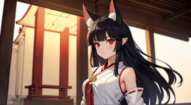 A woman with fox ears, wearing miko outfit, fox tail, white tail, straight black hair, straight front bangs and ear level side burns, red eyes, shrine, standing