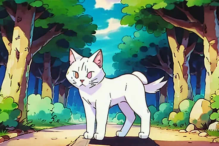 A very fluffy white cat with orangs ears and stripped orange tail. He has static electricity coming off his tail. drawn like and electric type Pokémon. The background is a forest path.