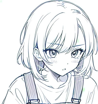 a drawing of a girl with a overalls, clean anime outlines, perfect lineart,  lineart, intense line art, clean lineart, detailed anime soft face, line art!!, thick lineart, lineart, outline sketch, anime style character, anime shading), clean detailed anime...