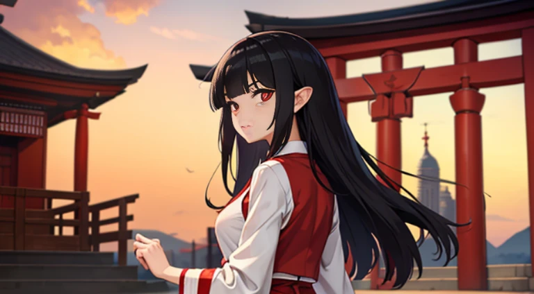 A woman, wearing miko outfit, straight black hair, straight front bangs and ear level side burns, red eyes, shrine, standing