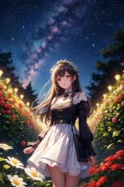 of the highest quality, high_resolution, Distinct_image, Detailed background, girl, flower, garden, Starry sky,