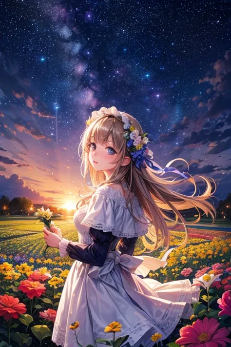 of the highest quality, high_resolution, Distinct_image, Detailed background, girl, flower, garden, Starry sky,