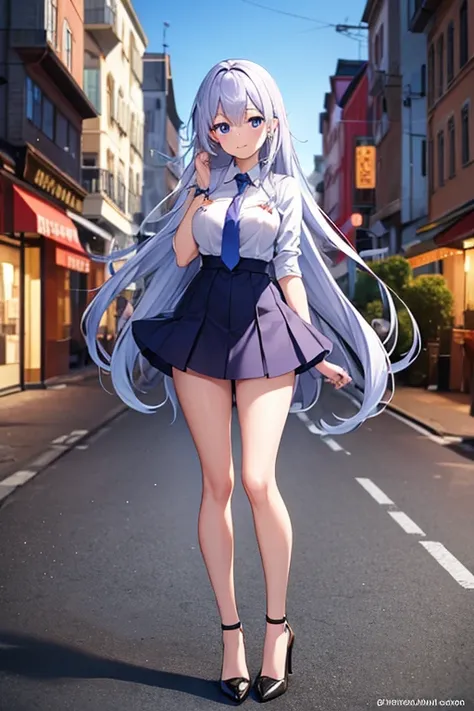 Anime girl standing on a city street with long hair and blue eyes, Trending in ArtStation pixiv, Purple eyes, Blue tie, Beautiful (Detailed eyes, Detailed face,) Ahegao, euladef, Noble temperament, high-heels, no watermark