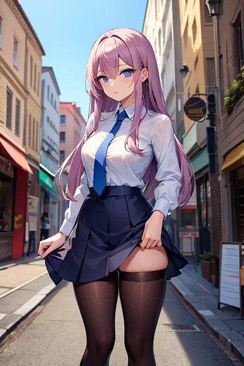 Anime girl standing on a city street with long hair and blue eyes, Trending in ArtStation pixiv, Purple eyes, Blue tie, Beautiful (Detailed eyes, Detailed face,) Ahegao, euladef, Noble temperament, high-heels, no watermark