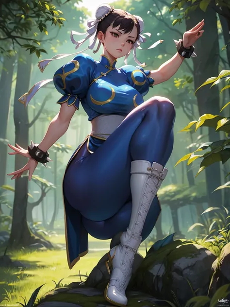 Chun-li, beautiful detailed eyes, powerful combat skills, street fighter, traditional Chinese martial artist, sitting on her knees, in a forest, surrounded by tall trees, sunlight filtering through the leaves, gentle breeze rustling the foliage, peaceful a...