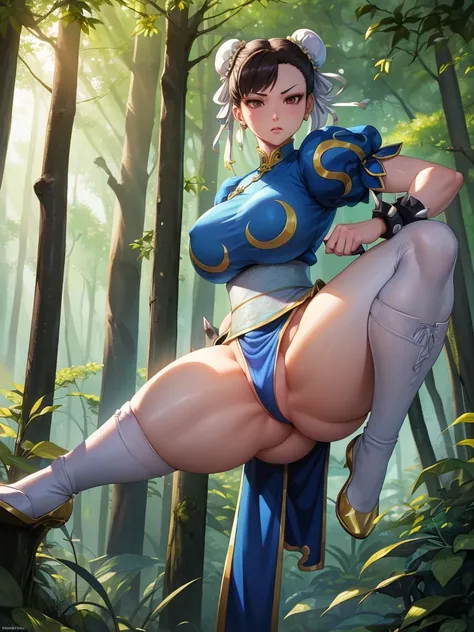 Chun-li, beautiful detailed eyes, powerful combat skills, street fighter, traditional Chinese martial artist, sitting on her knees, in a forest, surrounded by tall trees, sunlight filtering through the leaves, gentle breeze rustling the foliage, peaceful a...