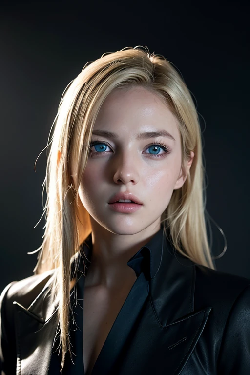 Best quality, masterpiece, ultra high res, (photorealistic:1.4), raw photo, 1girl, blonde hair, blue eyes,  detailed eyes and face, black suit, dynamic lighting, in the dark, deep shadow, low key, cowboy shot full-lenght body