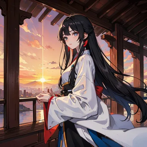 Masterpiece, best quality, brilliant sunset, sky, Tyndall effect, light, oil painting style, colorful, ethereal, dark eyes, long black hair, pure, beautiful cute, white hanfu, red sleeves,