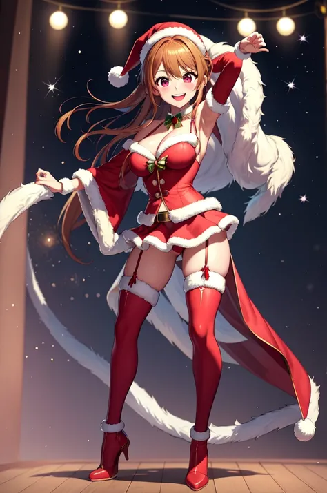 anime, beautiful face, highly detailed face, 2 accurate legs, detailed eyes, highly detailed background, perfect lighting, accurate arms, accurate hands, accurate fingers, full body, 1girl, solo, ruby hoshino, oshi no ko, female santa, sexy santa outfit, s...