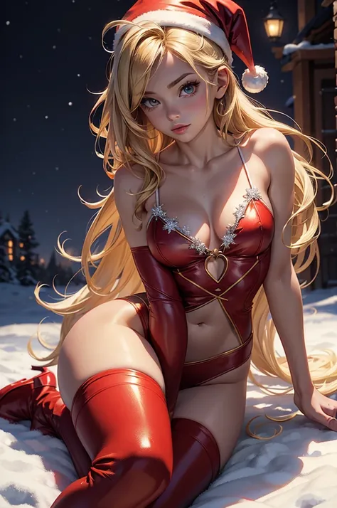 (masterpiece), (best quality), (detailed), light layer, 1solo girl, young girl, perfect body, blonde hair, defined chest, defined collarbone, ultra realistic, photorealistic, detailed, ,Enhance, wearing a santa suit with thigh high red boots and santa cap,...