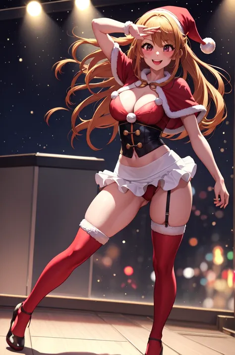 anime, beautiful face, highly detailed face, 2 accurate legs, detailed eyes, highly detailed background, perfect lighting, accurate arms, accurate hands, accurate fingers, full body, 1girl, solo, ruby hoshino, oshi no ko, female santa, sexy santa outfit, s...