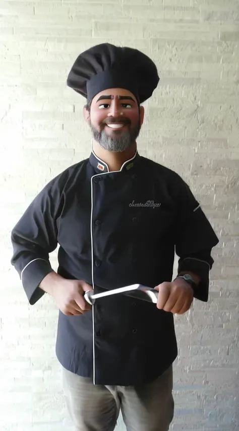 pixarstyle um chef de cozinha com uma doma preta segurando uma uma faca e uma chaira