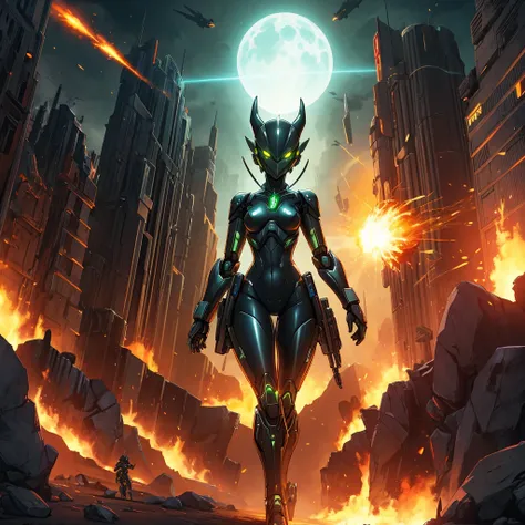 Solo, female, green black , furry, anthro, kobold, android, metallic,  robotic, shiny,  no clothes, small breasts, thin body, curved thighs,  standing, battlefield, holding blaster gun,  demonic, glowing eyes, explosions, fires, debri, science fiction,  sc...