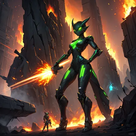 Solo, female, green black , furry, anthro, kobold, android, metallic,  robotic, shiny,  no clothes, small breasts, thin body, curved thighs,  standing, battlefield, holding blaster gun,  demonic, glowing eyes, explosions, fires, debri, science fiction,  sc...