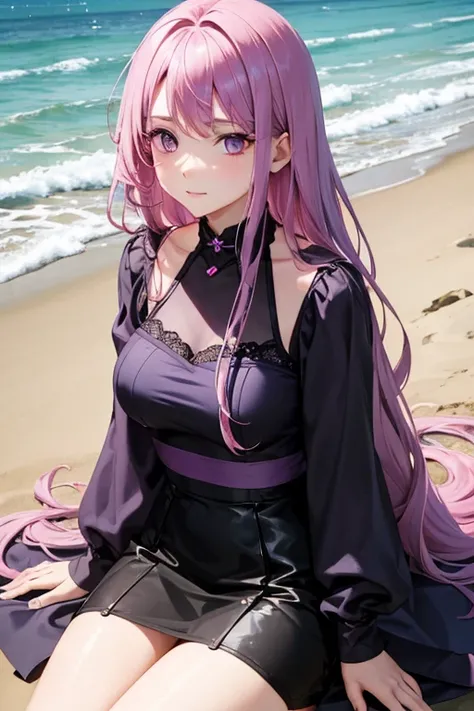 A pink haired woman with violet eyes in a lilac blouse and black lace skirt is sitting on the beach with a man with long navy hair and silver eyes in a silver suit