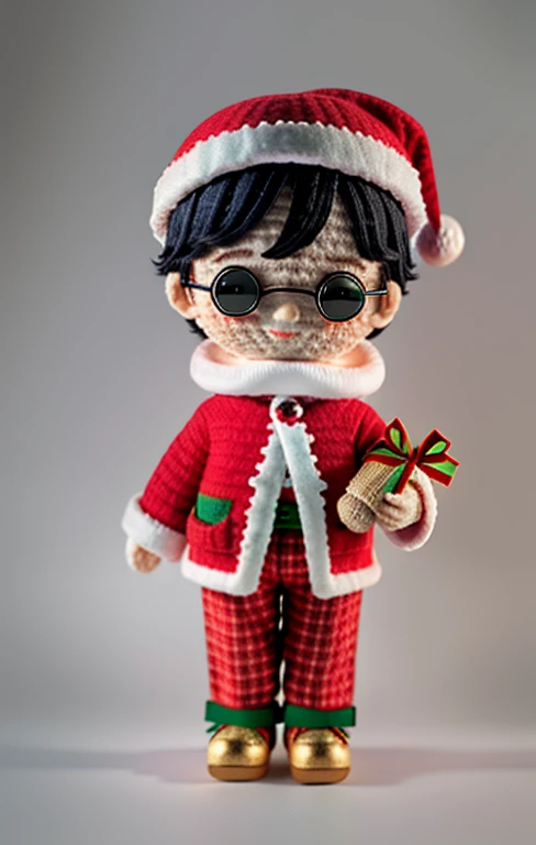 Woolen doll, 1boy, short black hair, happy smile, black eyeglasses, Christmas Santa clothes, pants, gift in hand, Happy holidays theme