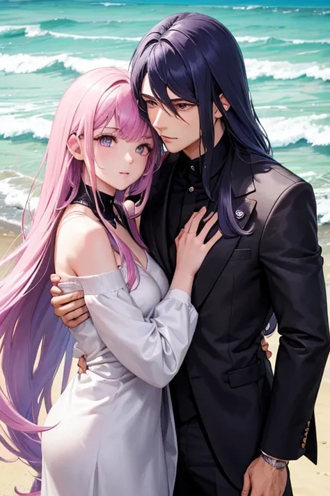 A man with long navy hair and silver eyes in a silver suit is hugging a pink haired woman with violet eyes on the beach