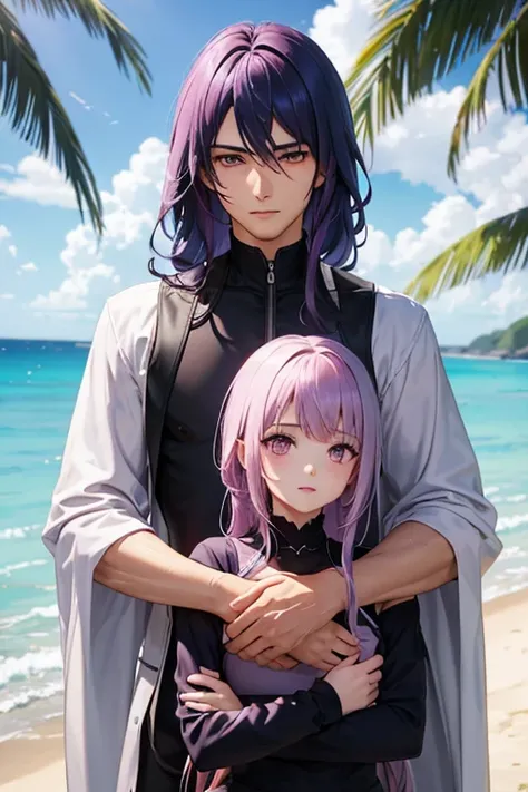 A man with long navy hair and silver eyes in a silver suit is hugging a pink haired woman with violet eyes on the beach