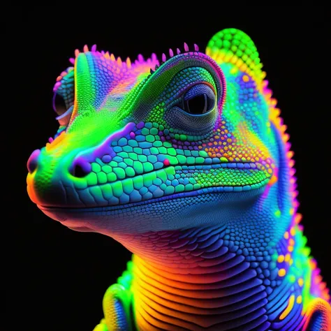 intricate and colorful, (digital painting:1.2) neon gecko, bright neon skin, wet, portrait, concept art, octane render, trending on artstation, neon-noir background, iolibt, vfx, Blender and Photoshop, octane render, excellent composition, cinematic atmosp...