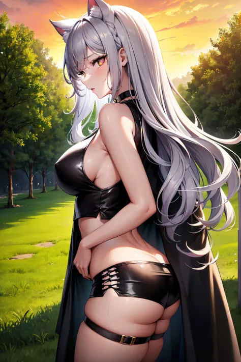 high resolution, (masterpiece), 4k, (high detail), portrait, ((1girl)), ((cat ears)), (((detailed back length wavy silver hair))), ((crossed bangs hairstyle)), (multicolor hair), ((black front hair)), ((golden eyes)), (((slit pupils))), (medium breasts), w...