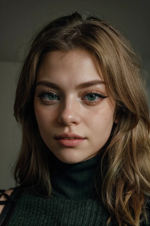 1 woman, ((blonde hair, green eyes, long eyelashes)), A stunning and intricate full color portrait of (SKS Woman:1), wearing a black turtleneck, epic character composition, By Ilya Kuvshinov, Bookmark position of Alessio Albi, Nina Masic, Sharp focus, Natu...