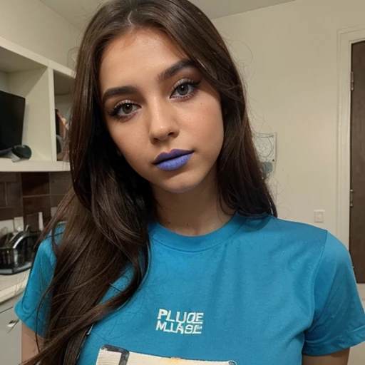 Palestinian girl with long brown hair and green eyes wearing makeup and eye liner and eye shadow and blue lipstick and wearing a blue T-shirt with short sleeves