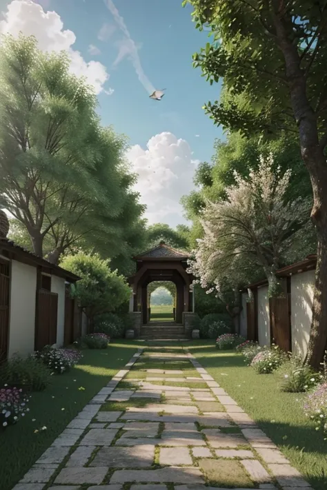 serene landscapes, calm tranquility, walk close to the clouds, path covered by trees with green leaves and many colorful flowers and birds, bright clouds, paths that lead to spirituality, depth and realism as in 3D,