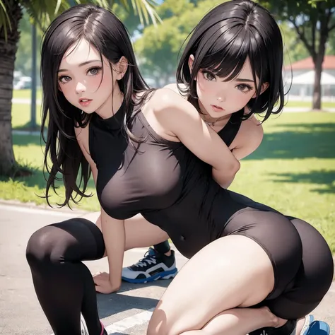 Girl in summer clothes, legging esportiva,  como se ela quisesse te beijar, (Girl bending down looking at the camera), medium breasts, clivagem, Random Background, olhar de paquera, ((Very detailed)), (rosto perfeitamente detalhado), (Very detailed hand) i...