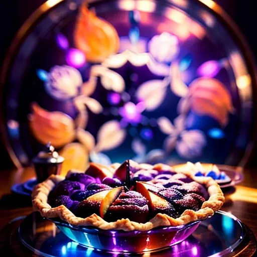 THE WORD PIE IN SPELLED ONTO THE CRUST,Large peach Pie sitting on glass table :1.5 in purple lighting , vent holes of the pie spell pie, meduim sized room , relaxing , vivid hue, meduim close shot , dynamic lighting, masterpiece, high res