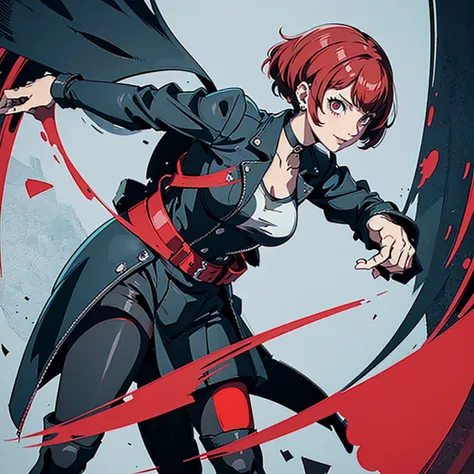 in the art style of persona 5, smal breast, delinquent, (sukeban), mature_female, blush, mature, older woman, 25 years old, Sukeban teacher outfit, (1girl, solo female, solo, solo focus)++++, choker, sukeban school teacher, sukeban school fighter, long_sle...