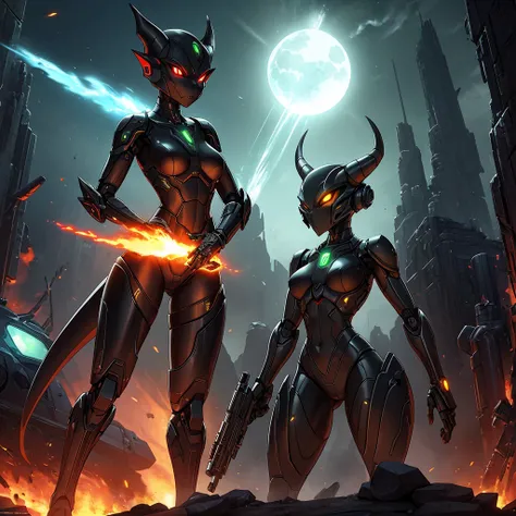 Solo, female, green black , furry, anthro, kobold, android, metallic, robotic, shiny, no clothes, small breasts, thin body, curved thighs, standing, battlefield, holding blaster gun, demonic, glowing eyes, explosions, fires, debri, science fiction, scifi, ...