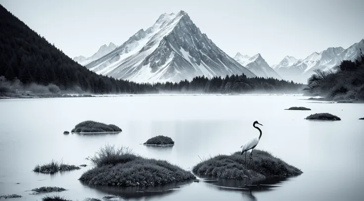 black andwhite，white crane，mountain water，water ink