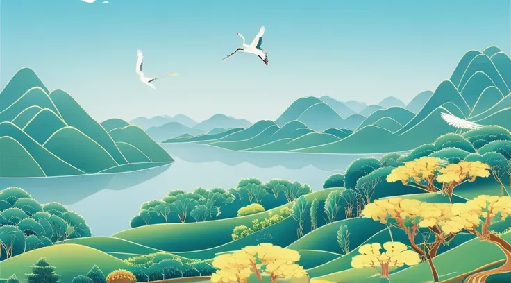 china-style，rolling hills，the trees，white crane