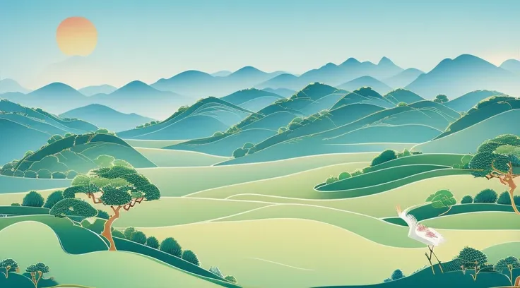 china-style，rolling hills，the trees，white crane