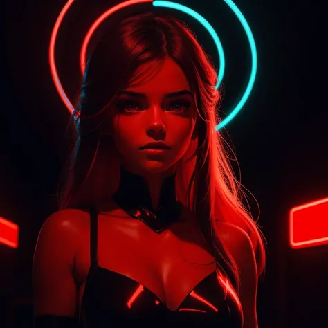 beautiful woman, waist up, red glowing skin, red neon lights, red and cinematic lighting, red neon light, inspired by Elsa Bleda, neon lit, glowing red, red lighting on theface, dark background