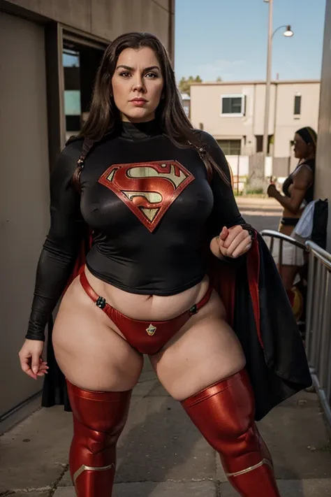 (mature, superheroine bbw , full body, spandex, perfect body), enemy, david and goliath, (next door dwarf), defeated,