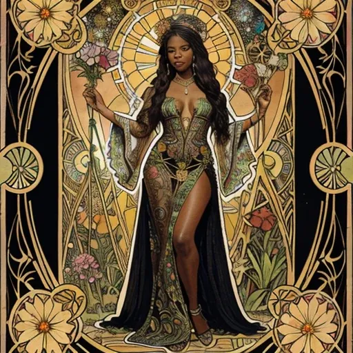 A full body portrait of a gorgeous black woman with flowers on her hair, tarot card, variscite, alphonse mucha, gustav klimt, anna dittmann, floral, art nouveau, illustration, hyperrealistic, line art, marker drawing, watercolor painting, african American ...