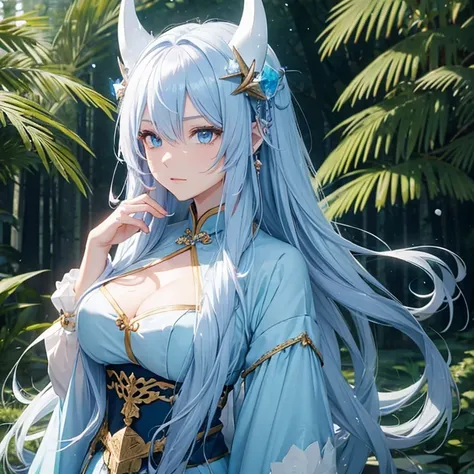 female, adult, human ears, knight, crystal horns, chinese attire, sweet and serious, light blue long messy hair, shiny blue eyes, forest background