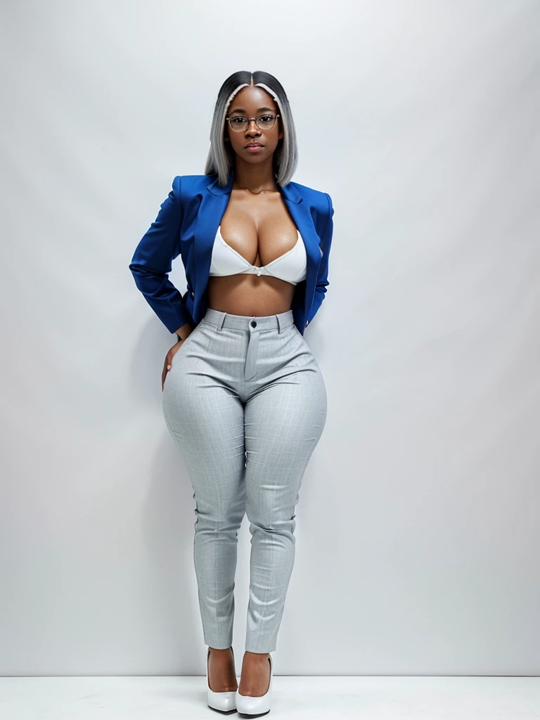 28- year old thick african american woman dressed for business, platinum hair with blue highlights, glasses, tight formal trousers, wedgie, fit, small waist, thick thighs, wide hips, big booty, big breasts, open unbuttoned coat, high heels, back shot on an...