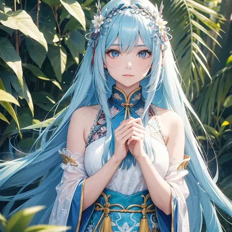 female, , ouvidos humanos, guerreira, chifres de cristal, Chinese Costume, kind and serious, long and messy light blue hair, olhos azuis brilhantes, fundo da floresta