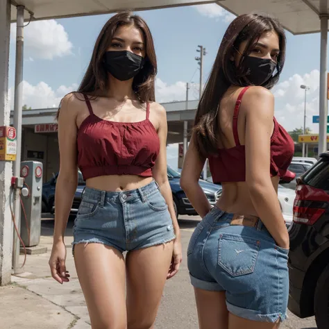 Mulher linda morena clara cabelo cacheado olhos castanhos. With a red mask, black short blouse short denim shorts image angle from bottom to top, gas station store background scenery.