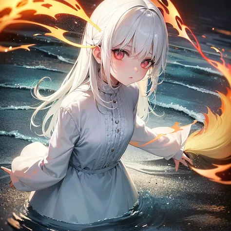 beautiful and litte scary girl/ white hair / white clothing/ wrapped in flames / exist in the water /