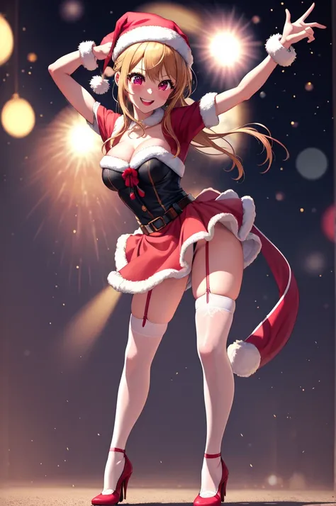 anime, beautiful face, highly detailed face, 2 accurate legs, pink detailed eyes, highly detailed background, perfect lighting, accurate arms, accurate hands, accurate fingers, full body, 1girl, solo, ruby hoshino, oshi no ko, female santa, sexy santa outf...