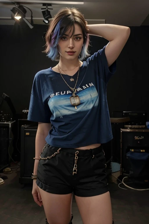 Premium Quality, Masterpiece, Ultra High Definition, (Photorealism: 1.4), RAW Photo, (Full Body Shot), Lovely Smiling Girl Playing Electric Guitar on Live Stage, (Dynamic Pose), Short Hair, Blue Ombre Hair , micro bangs, Cross pendant necklace, Earrings, (...