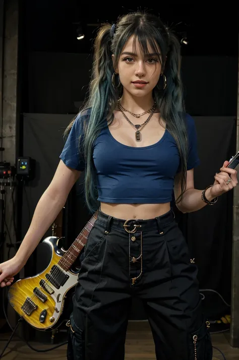 Premium Quality, Masterpiece, Ultra High Definition, (Photorealism: 1.4), RAW Photo, (Full Body Shot), Lovely Smiling Girl, ((Playing Electric Guitar on Live Stage)), (Woman Holds a Guitar electric), (dynamic pose), long hair, ((Full blue hair)), (twin tai...